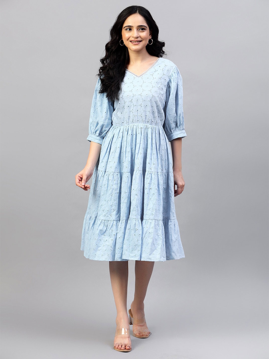 

Hencemade Puff Sleeves Fit & Flare Cotton Schiffli Midi Dress, Blue