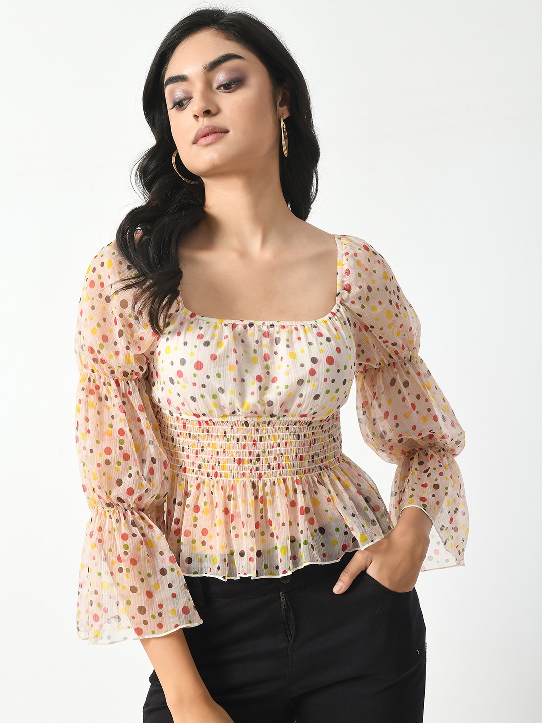 

Hencemade Polka Dot Printed Smocked Cinched Waist Top, White