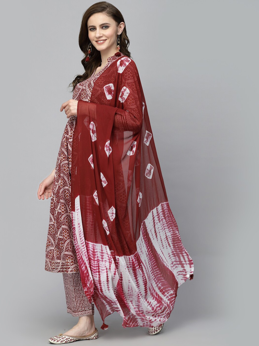 

PRAKRTEE Bandhani Printed Angrakha Sequinned Kurta With Palazzos & With Dupatta, Maroon