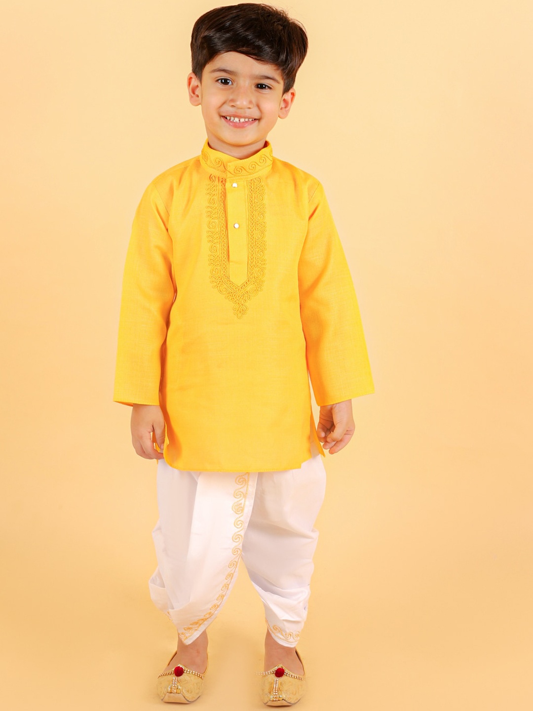 

BAESD Boys Ethnic Motifs Embroidered Pure Cotton Kurta with Dhoti Pants, Yellow