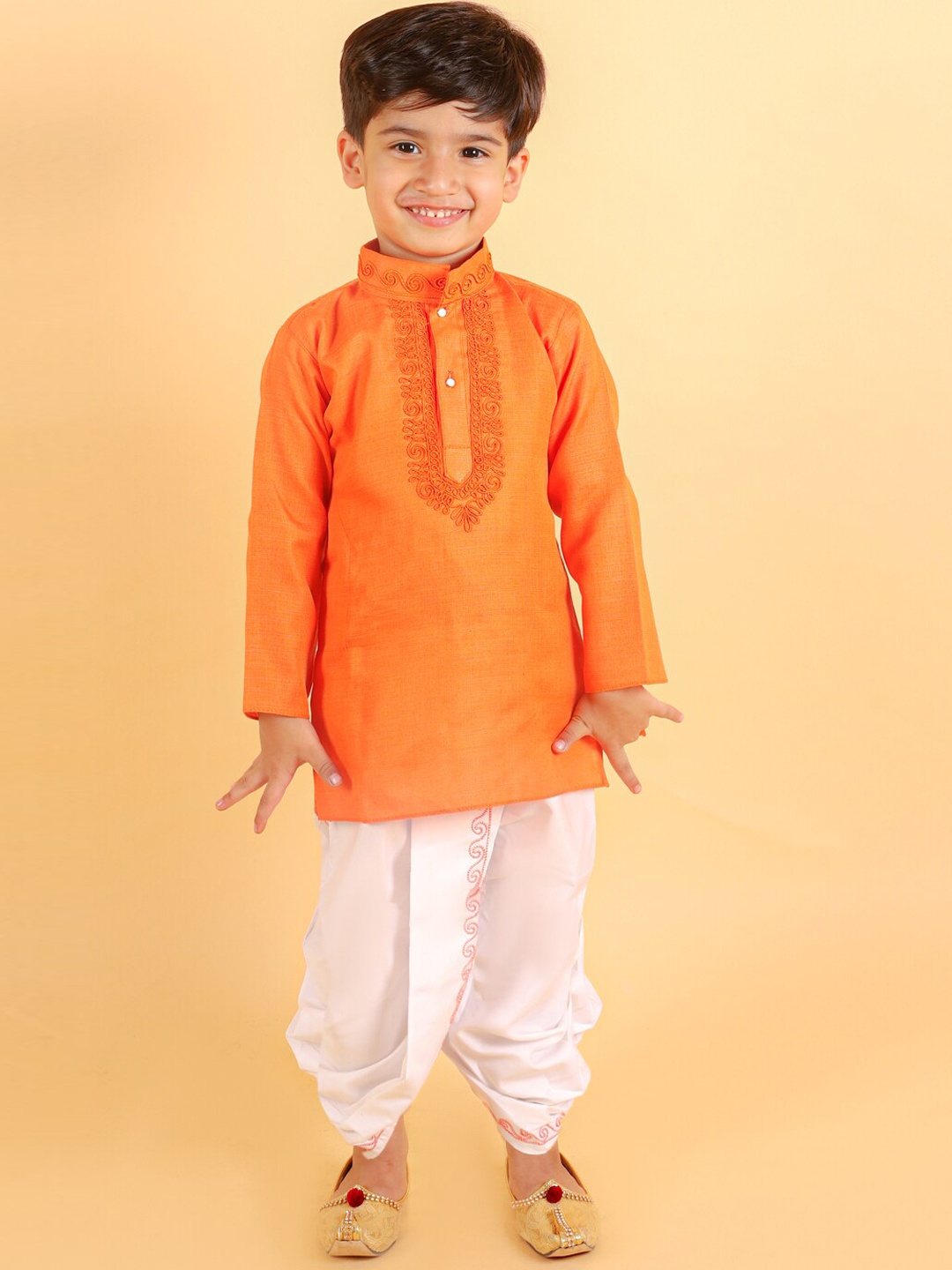 

BAESD Boys Ethnic Motifs Embroidered Pure Cotton Kurta with Dhoti Pants, Orange