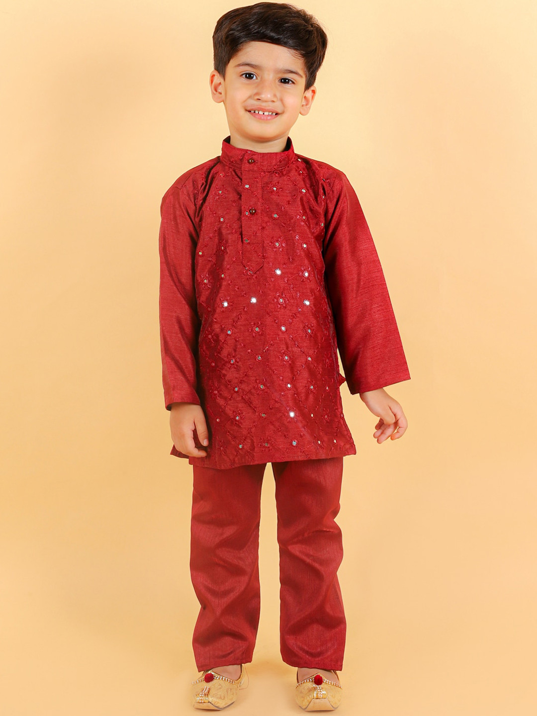 

BAESD Boys Floral Embroidered Mirror Work Kurta with Pyjamas, Maroon