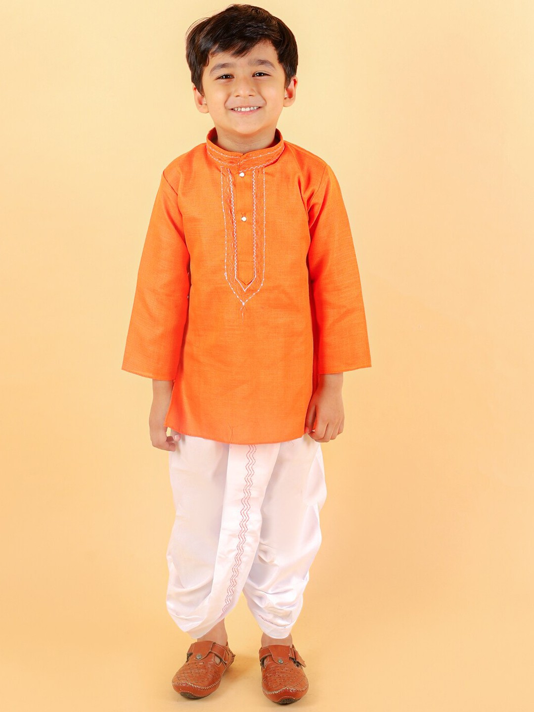 

BAESD Boys Thread Work Pure Cotton Kurta with Dhoti Pants, Orange