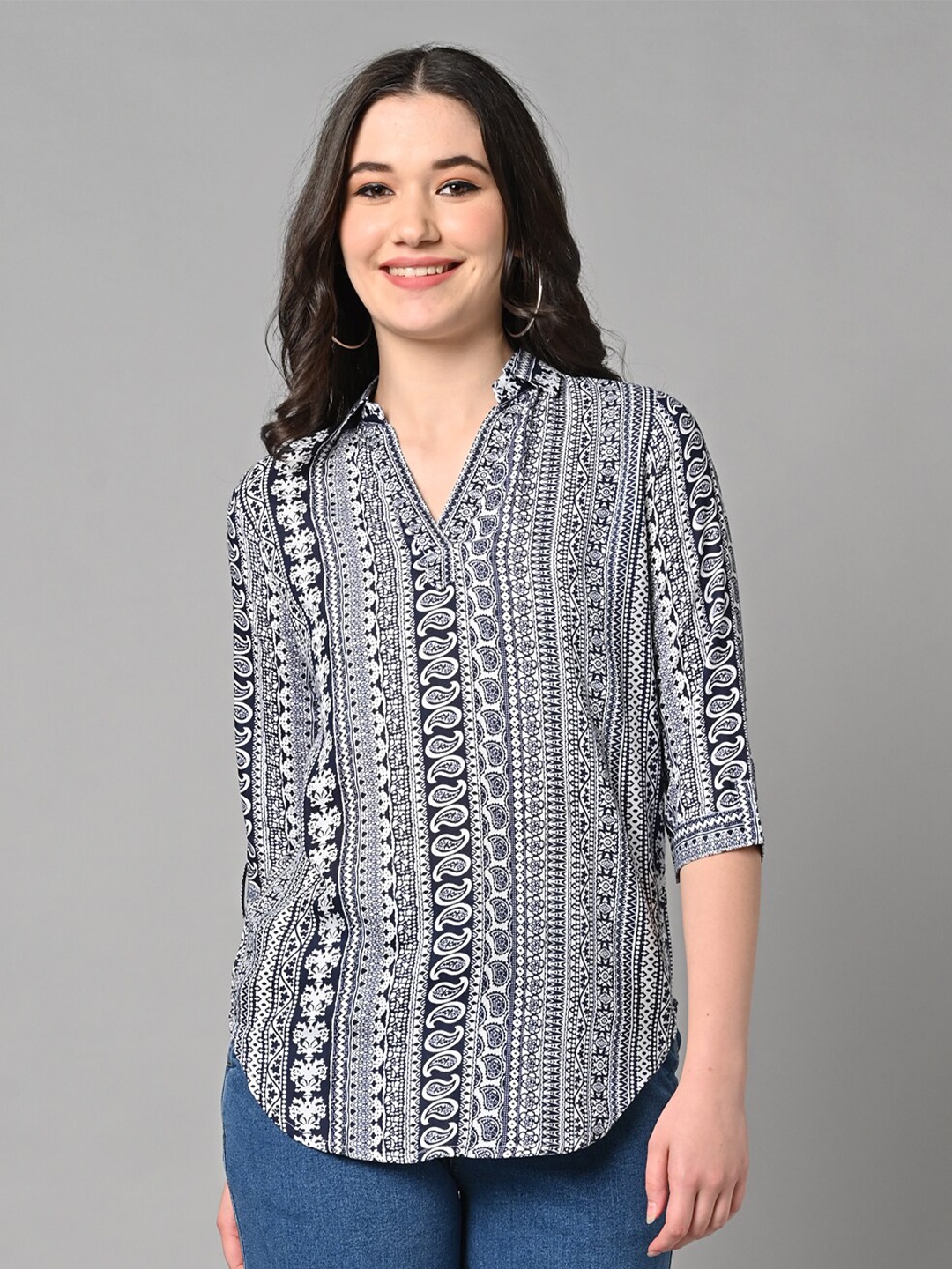 

Vastraa Fusion Ethnic Motif Printed Shirt Style Top, Navy blue