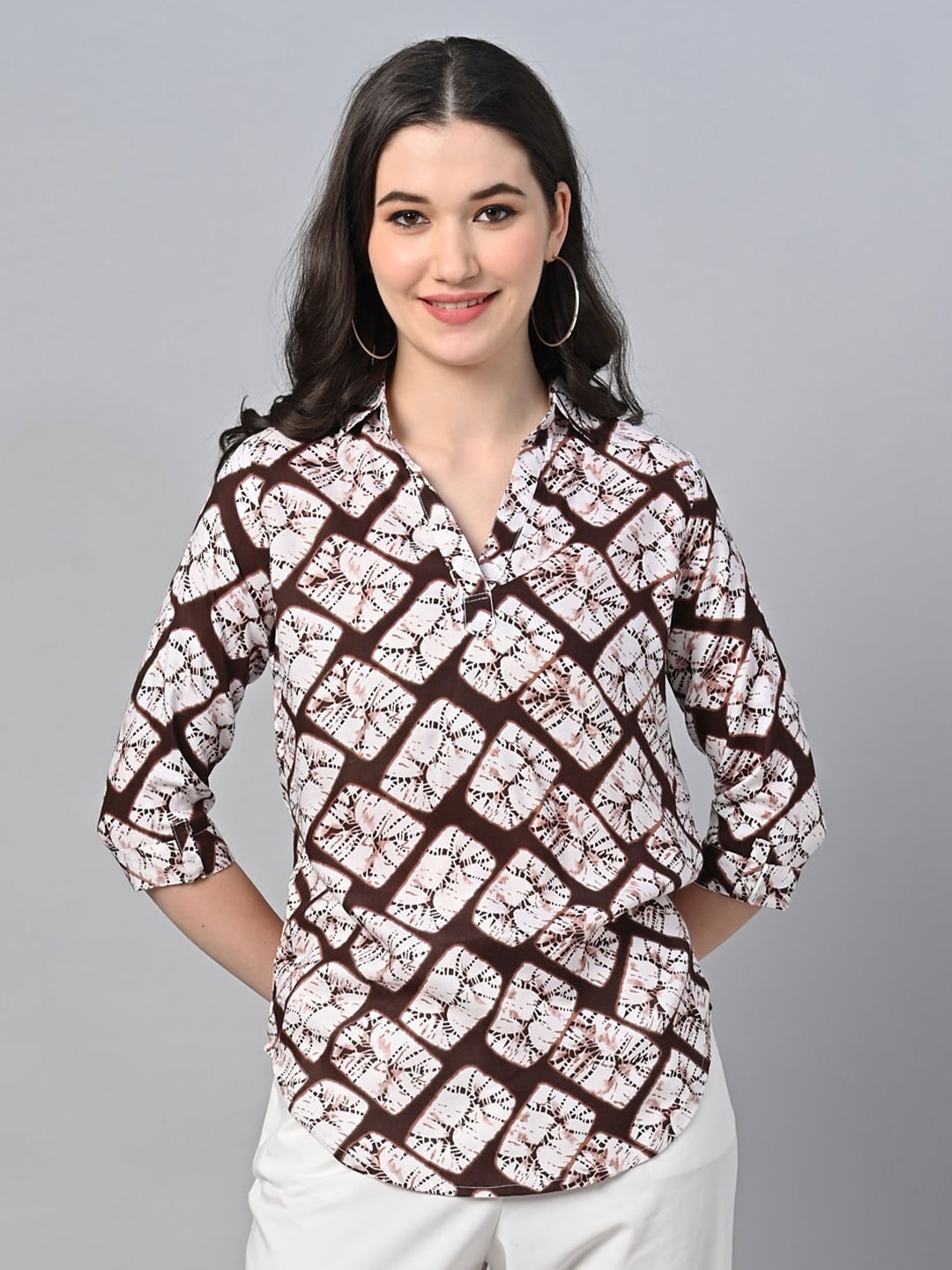 

Vastraa Fusion Abstract Printed Shirt Style Top, Brown