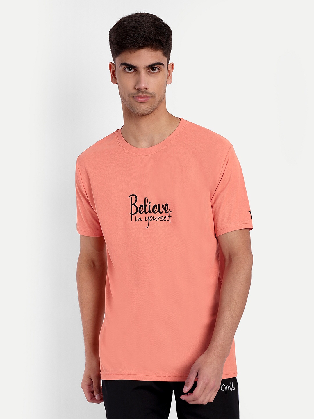

Lyriss Typography Printed Round Neck Dri-FIT Sports T-shirt, Peach