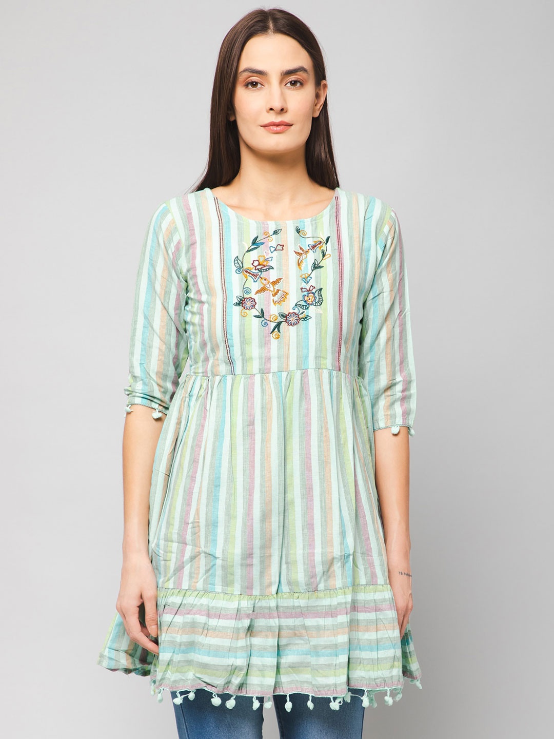 

Winza Designer Striped Embroidered Gathered Longline A-Line Top, Blue