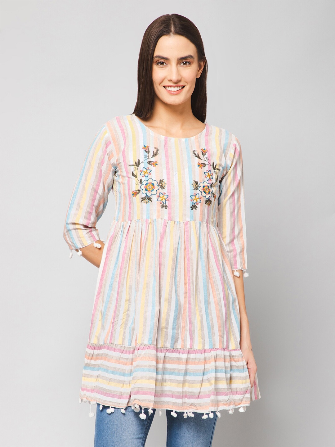 

Winza Designer Striped Round Neck Embroidered Tunic, Peach
