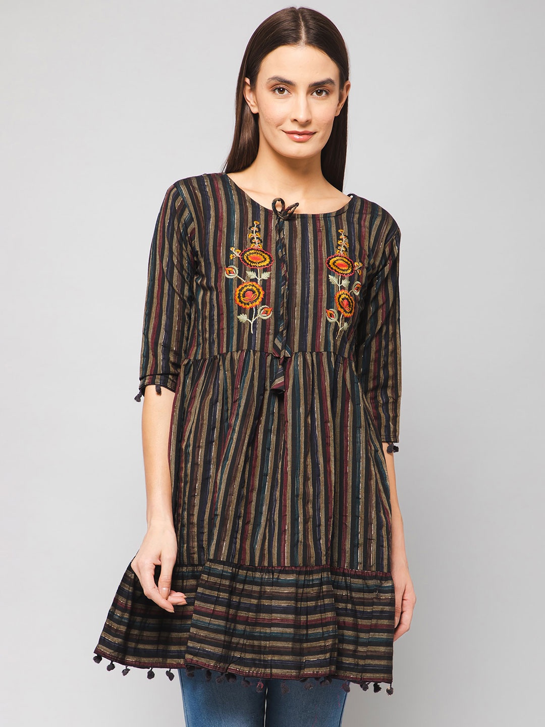 

Winza Designer Striped Embroidered Gathered Longline A-Line Top, Black