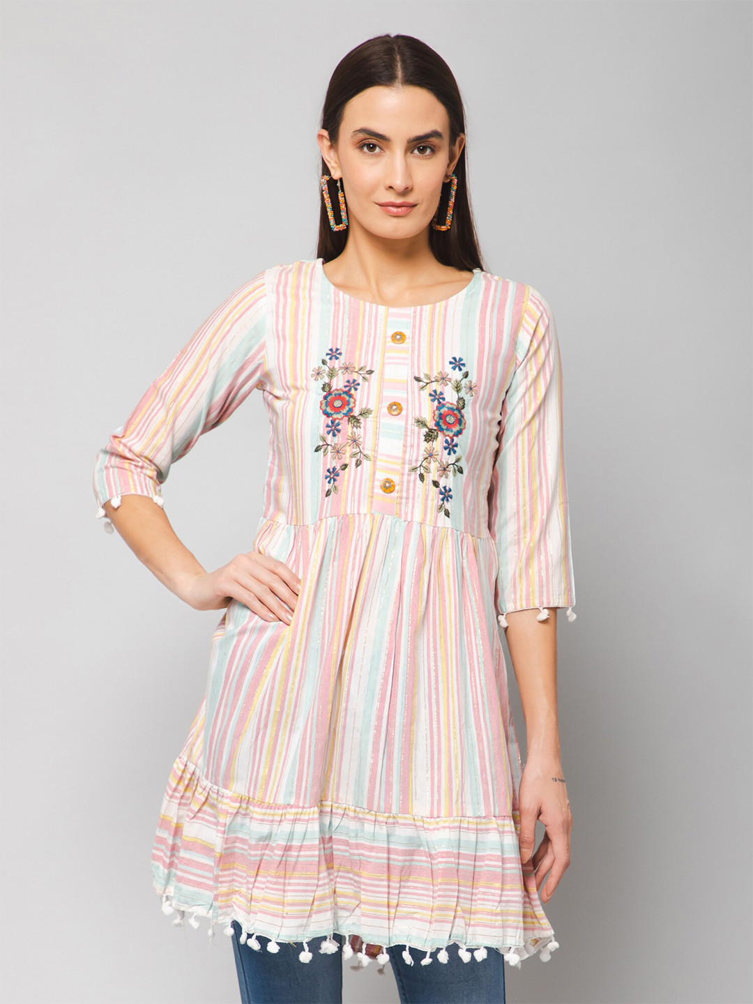 

Winza Designer Striped Round Neck Embroidered Tunic, Peach