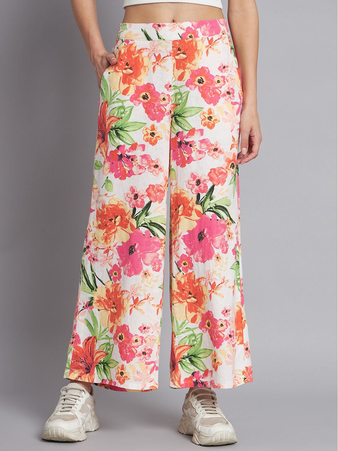 

NoBarr Women Floral Printed Mid-Rise Flared Easy Wash Linen Parallel Trousers, White