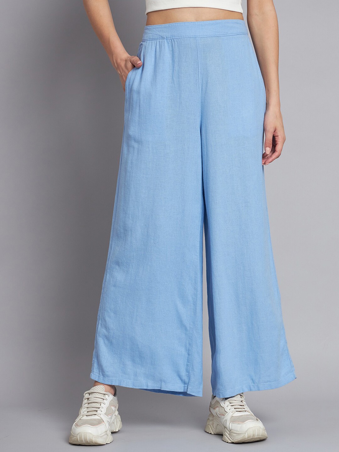 

NoBarr Women Mid-Rise Loose-Fit Easy Wash Linen Parallel Trouser, Blue