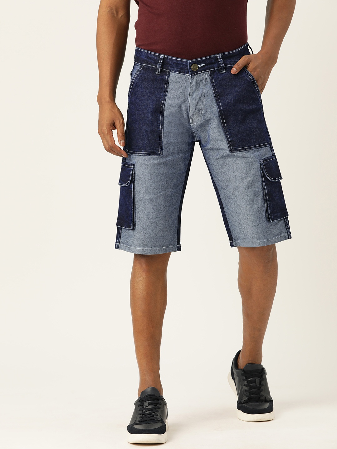 

PARIS HAMILTON Men Washed Colourblocked Denim Shorts, Blue