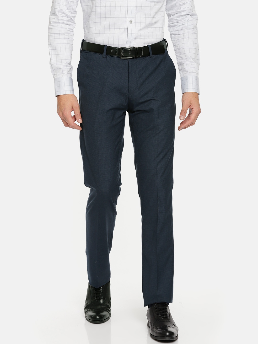 U.S. Polo Assn. Men Navy Regular Fit Solid Formal Trousers, Navy blue