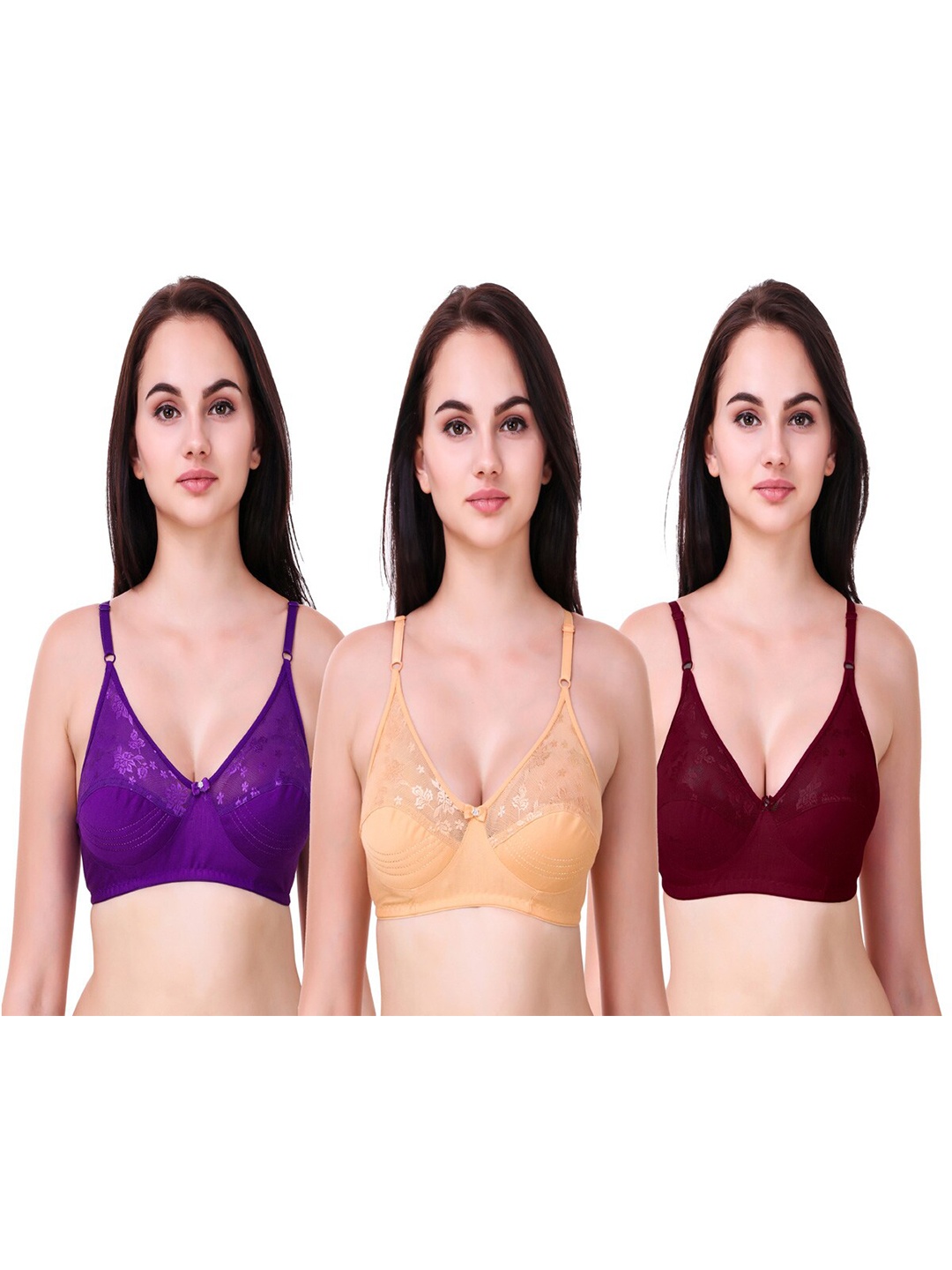 

Piylu Pack Of 3 Non Padded Cut and Sew Cups Cotton Bra Full Coverage ISHIKA-CB3, Maroon