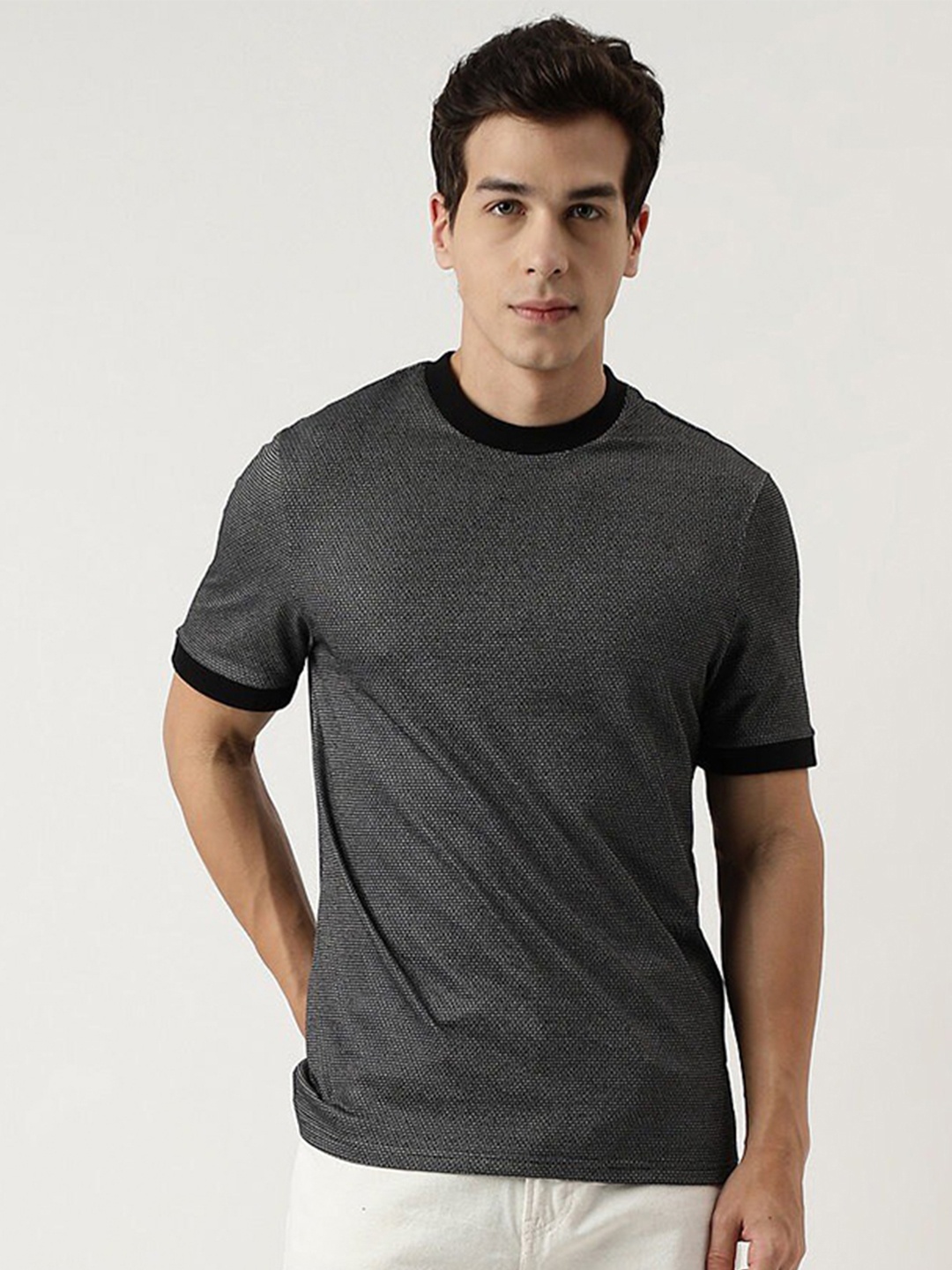 

Marks & Spencer Round Neck Self Design Regular Fit T-shirt, Black