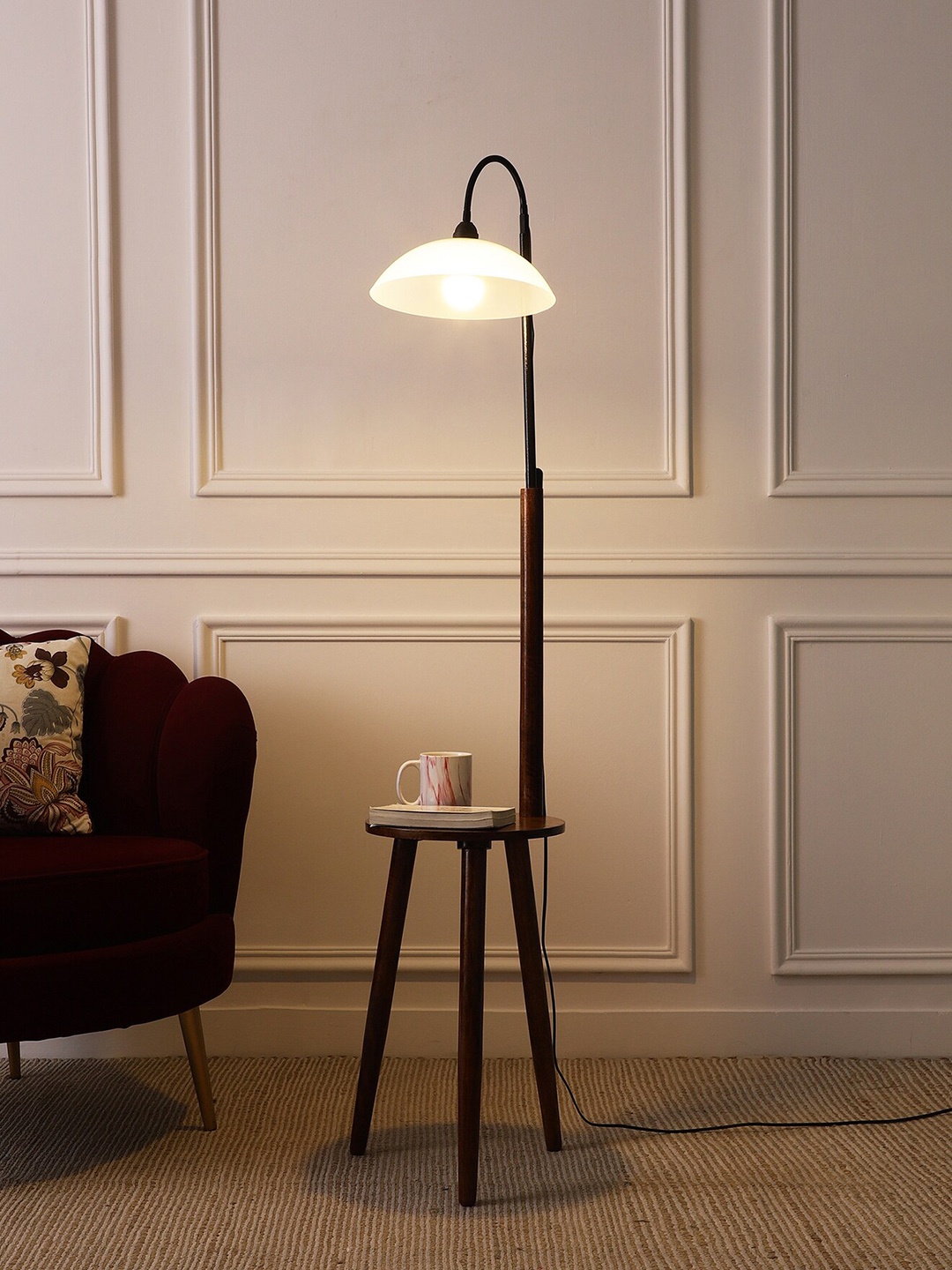 

SANDED EDGE Beige & Off White & Black Wooden Floor Lamp With Table, Brown