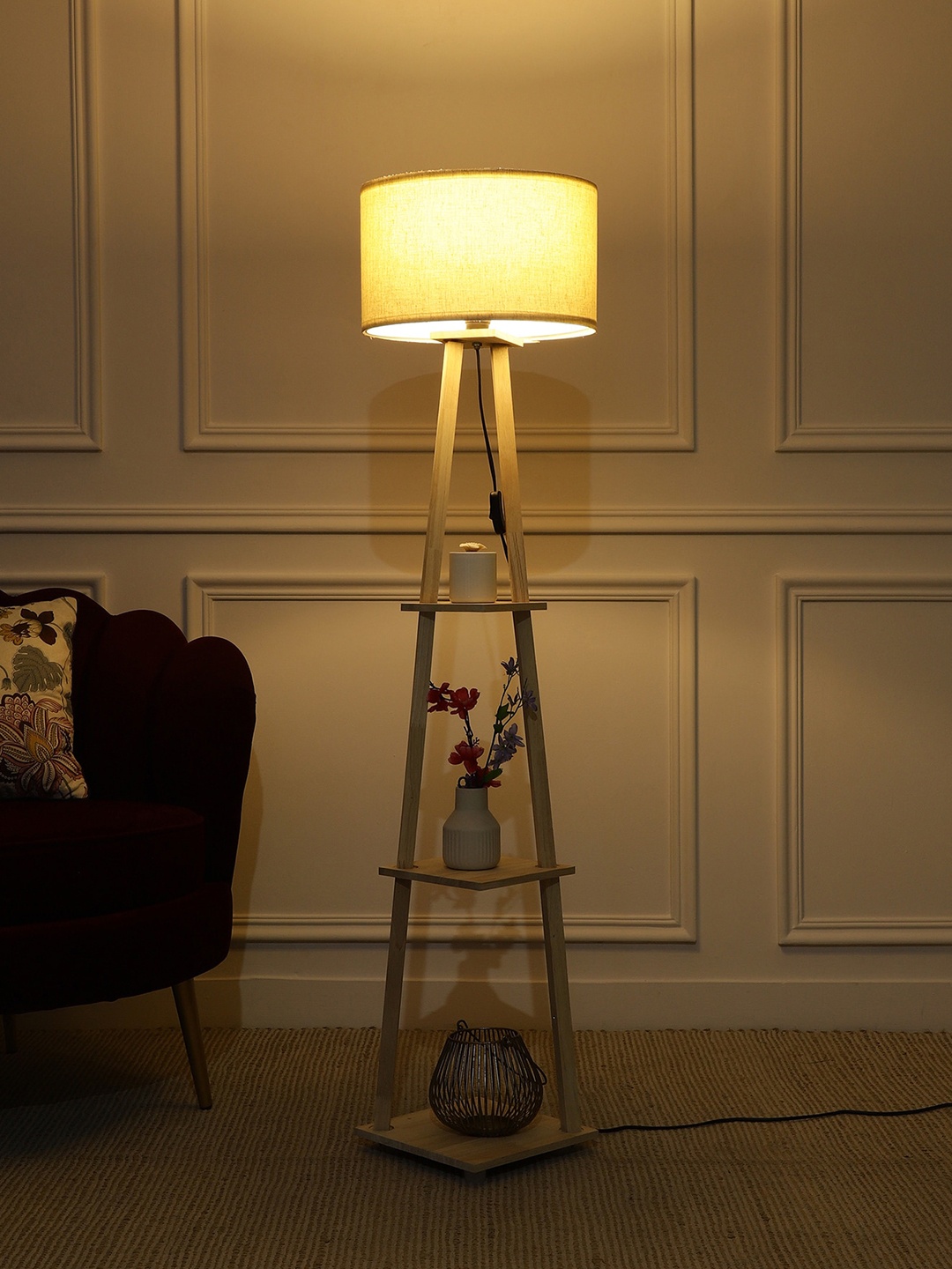 

SANDED EDGE Beige & Off White & Black Wooden Floor Lamp With Shade