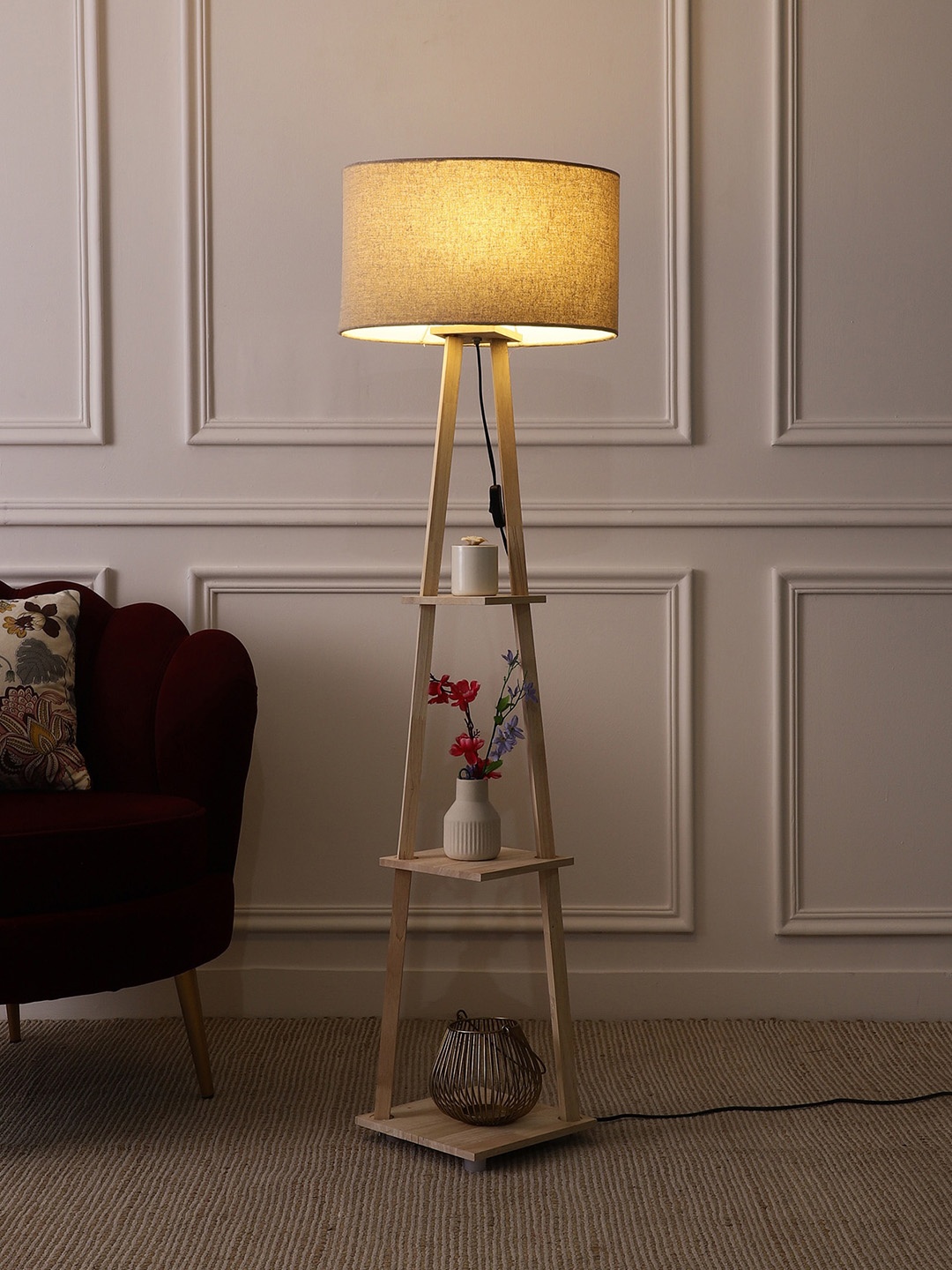 

SANDED EDGE Beige Wooden Floor Lamp With Shelves & Shade