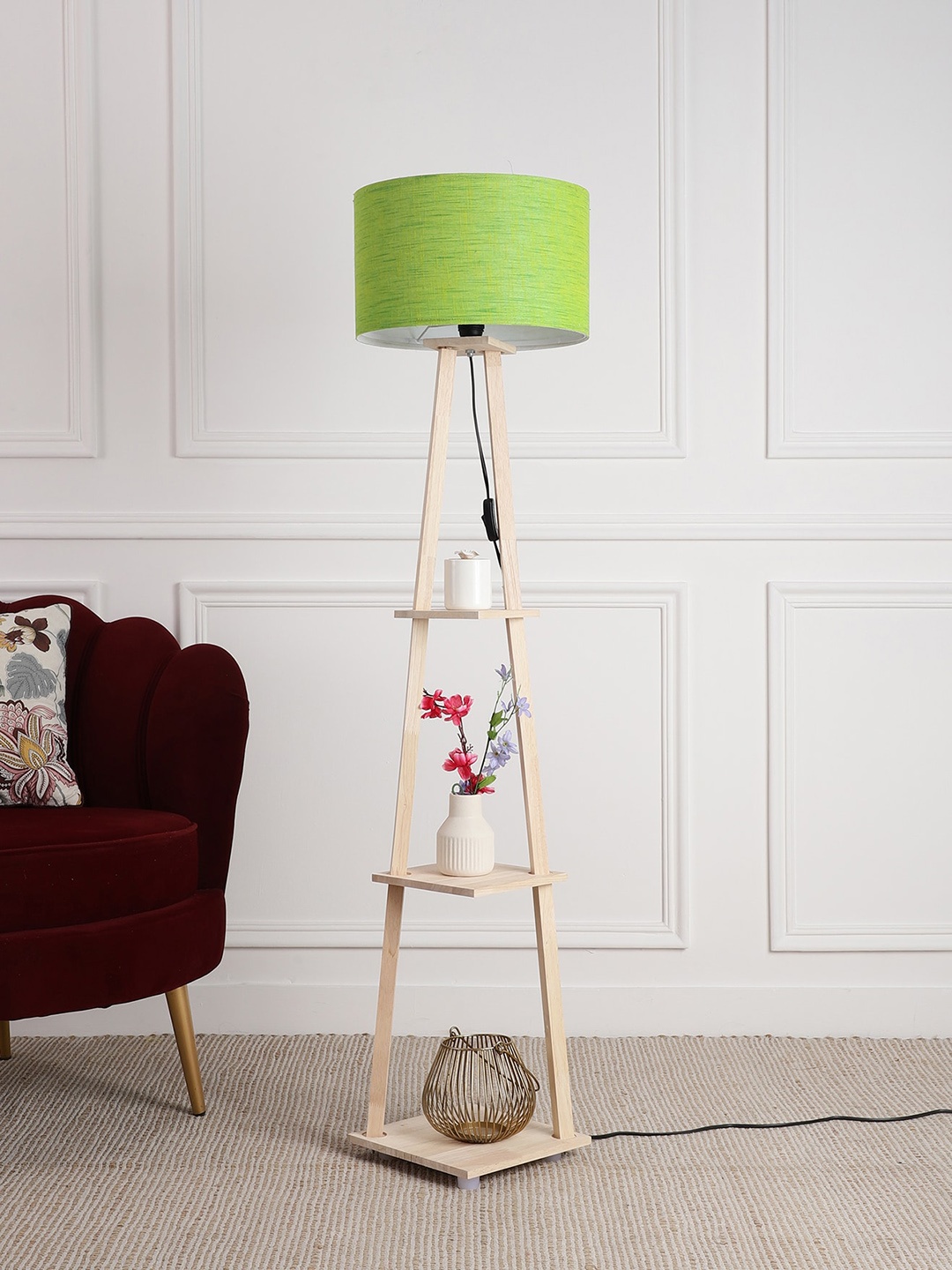 

SANDED EDGE Green & Beige Wooden Floor Lamp With Shelves & Shade
