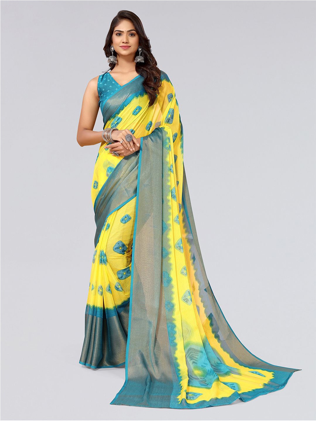 

KALINI Printed Zari Bandhani Saree, Yellow