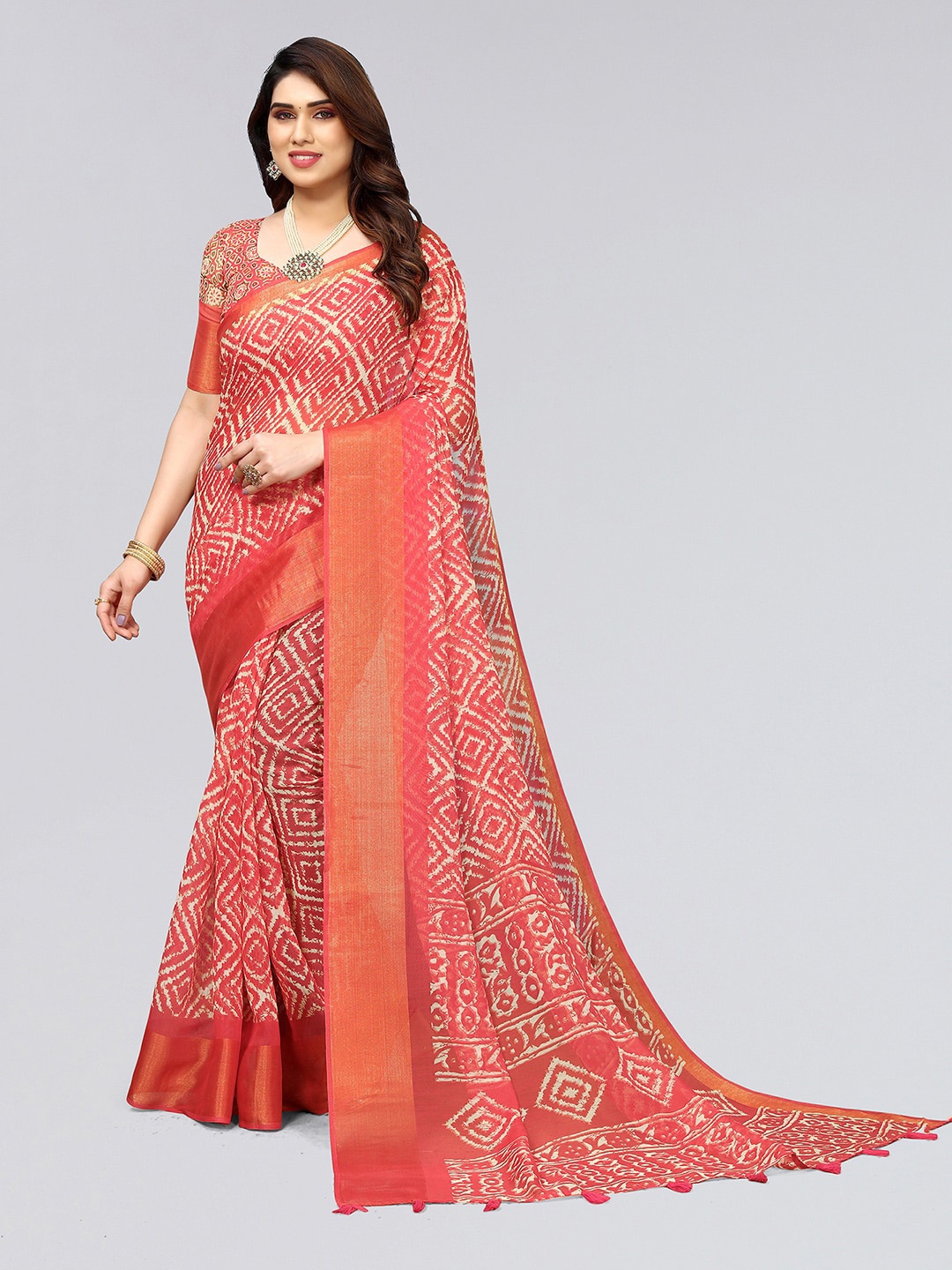 

KALINI Ethnic Motifs Printed Zari Saree, Red