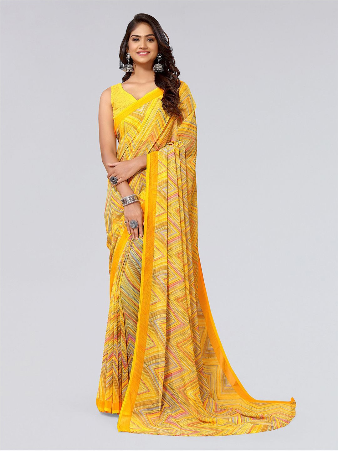 

KALINI Geometric Printed Poly Chiffon Saree, Yellow
