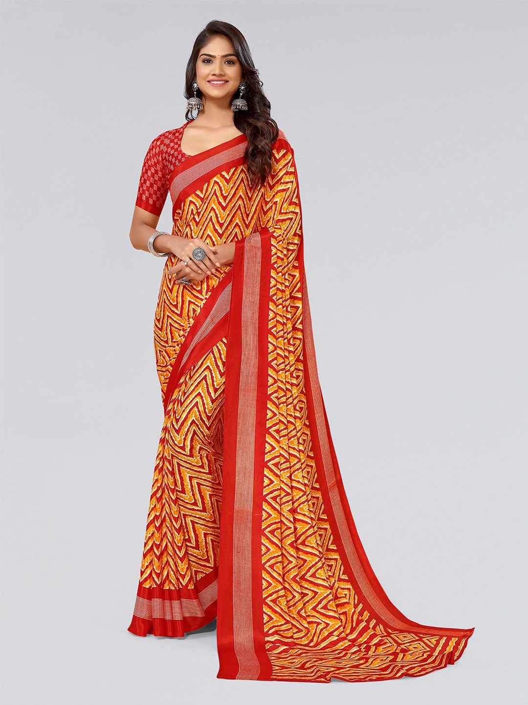 

KALINI Geometric Printed Poly Chiffon Saree, Red