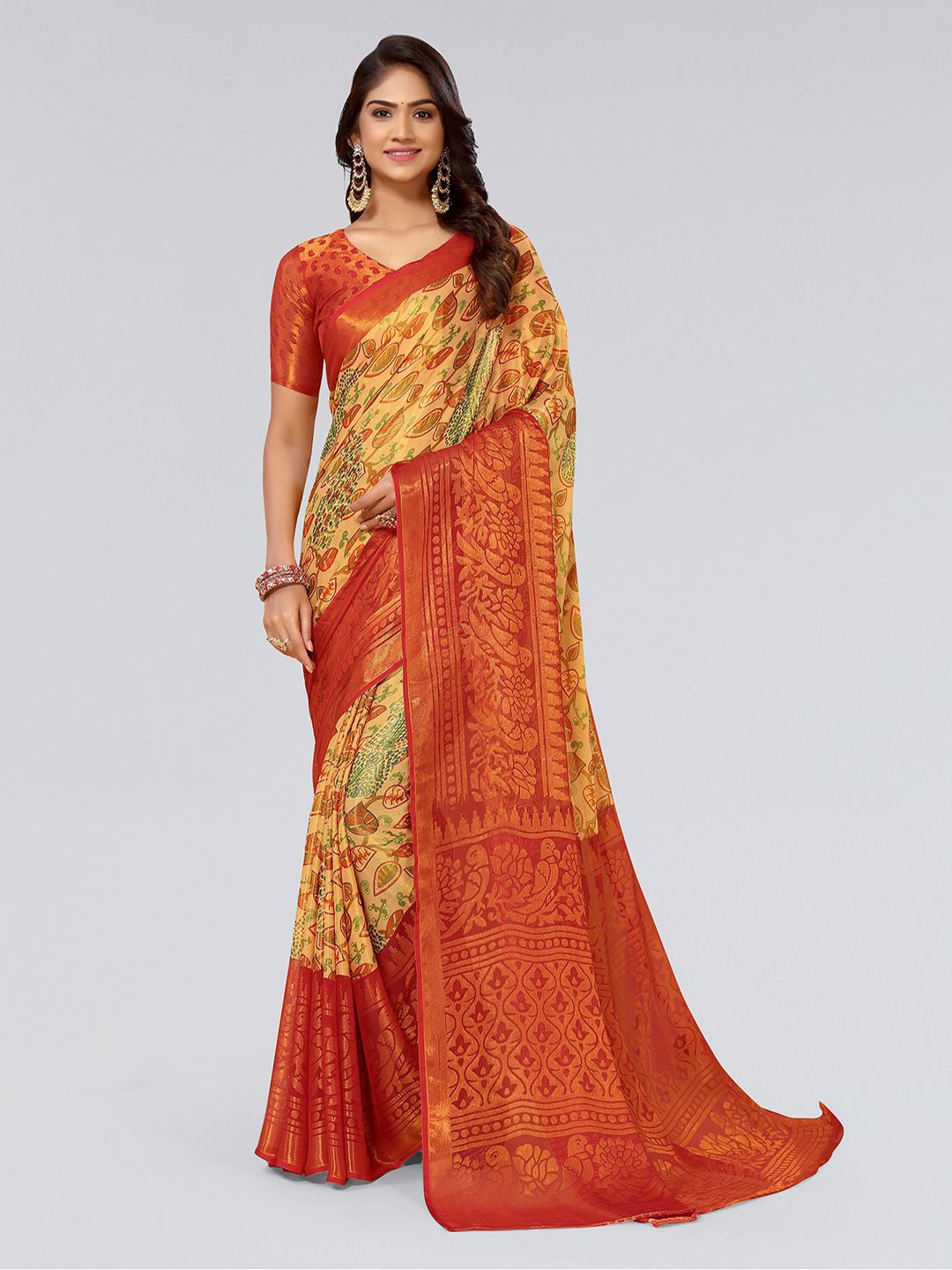 

KALINI Floral Printed Zari Brasso Saree, Beige