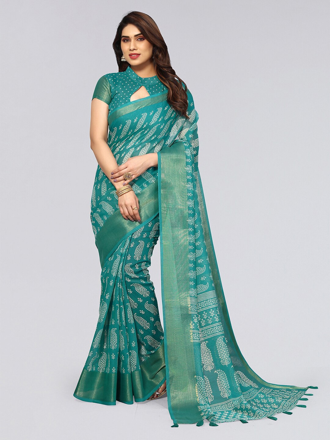 

KALINI Ethnic Motifs Printed Zari Saree, Teal