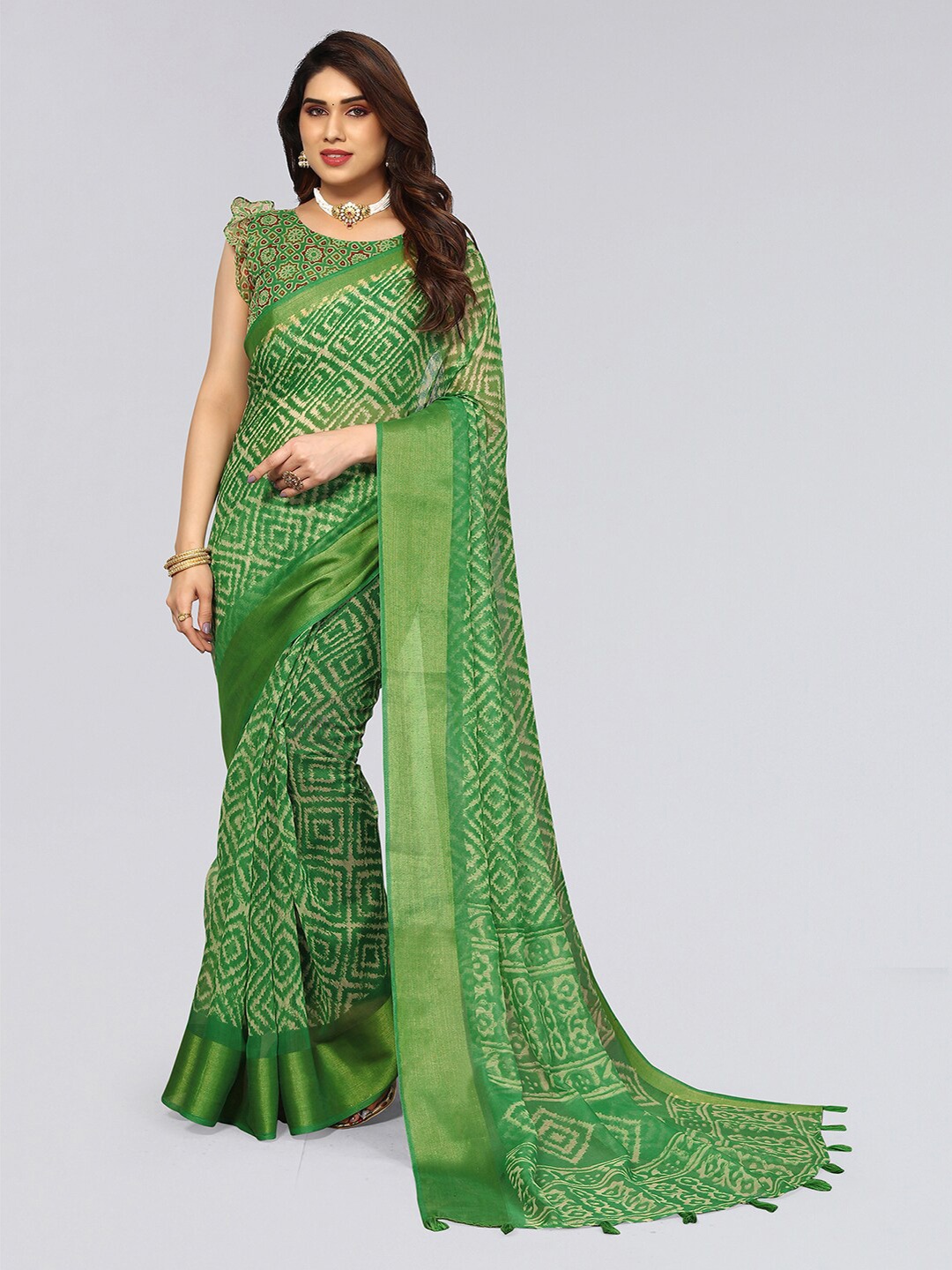 

KALINI Ethnic Motifs Printed Zari Saree, Green