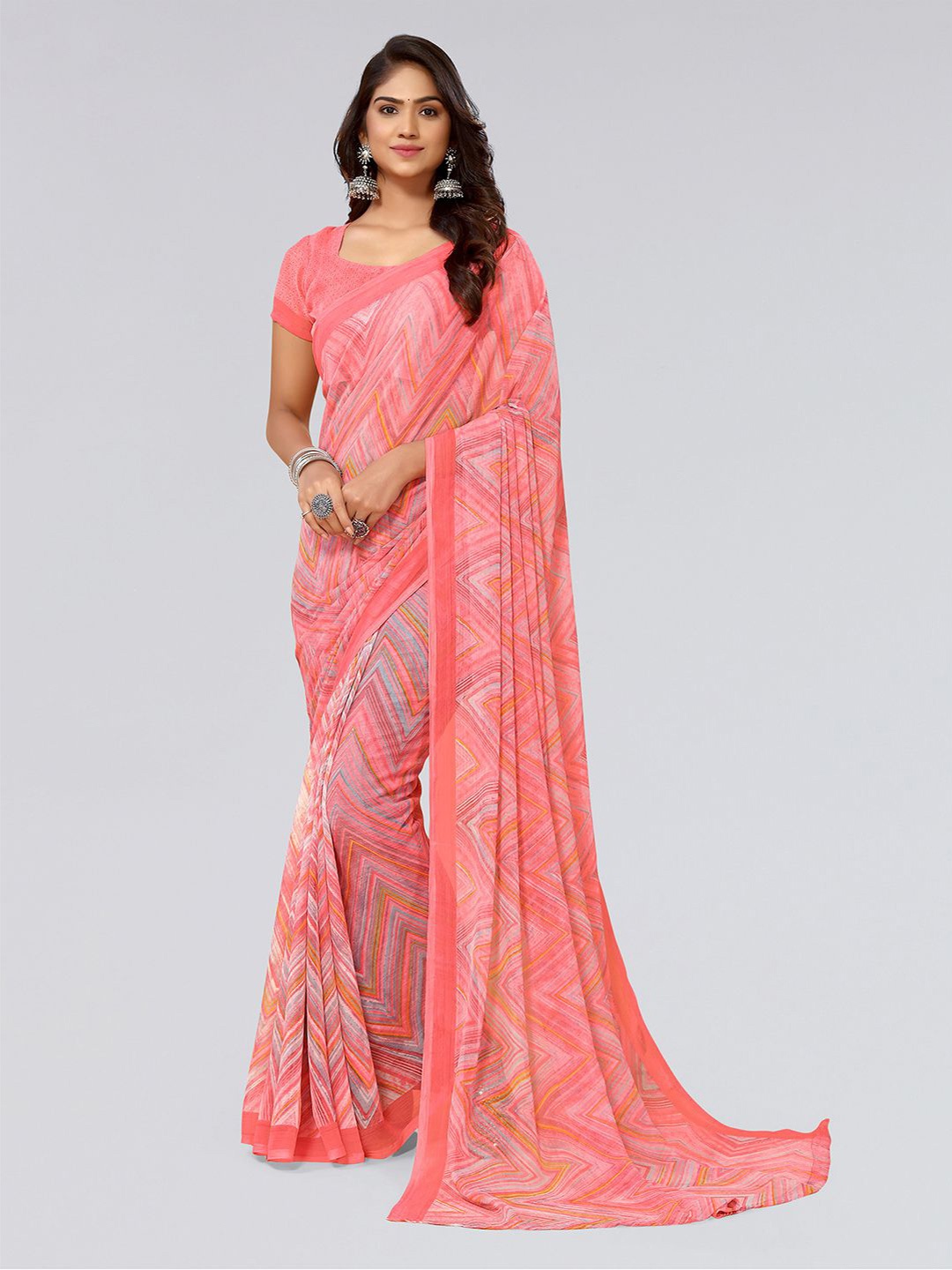 

KALINI Geometric Printed Poly Chiffon Saree, Peach