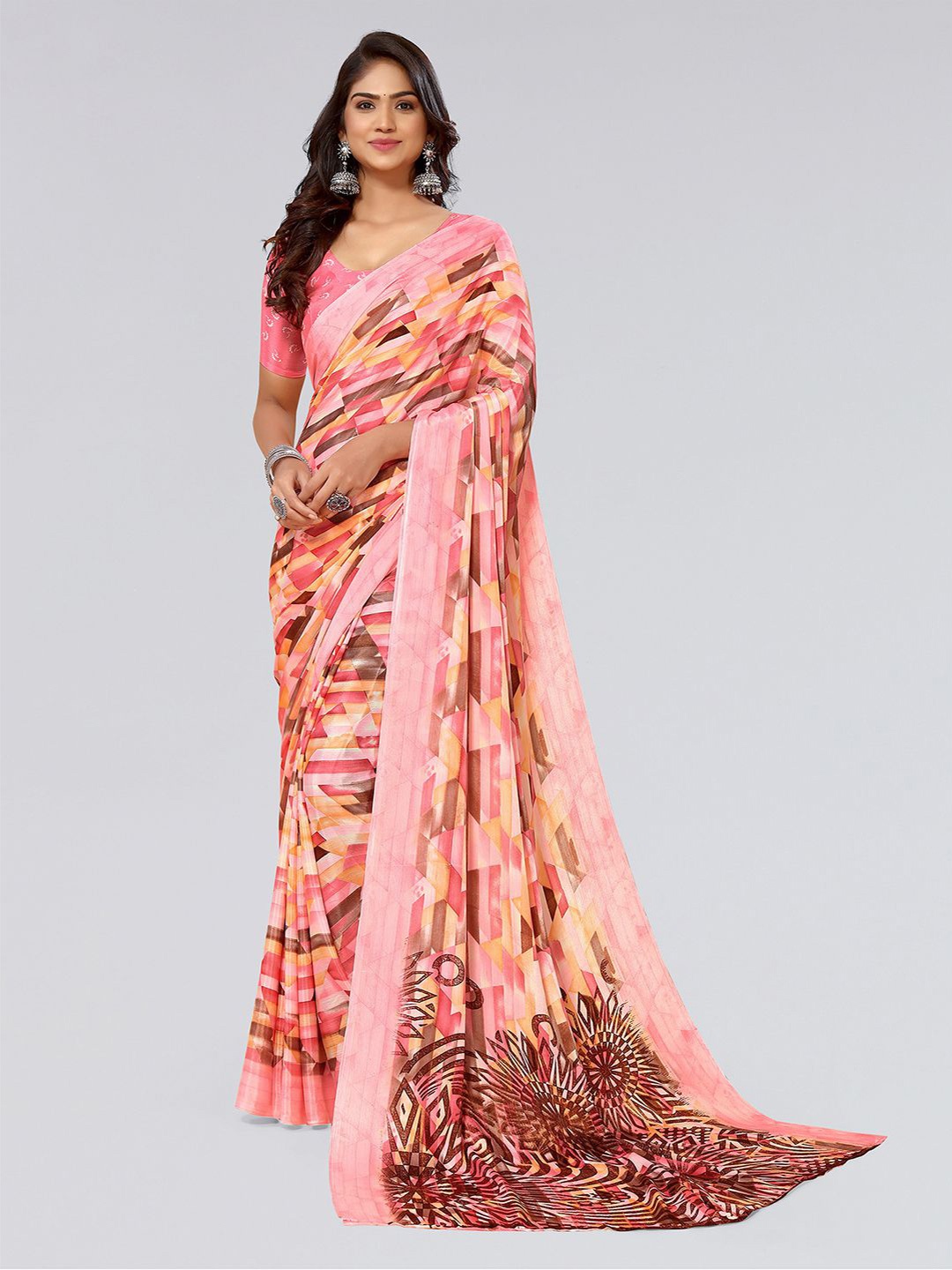 

KALINI Geometric Printed Poly Chiffon Saree, Peach