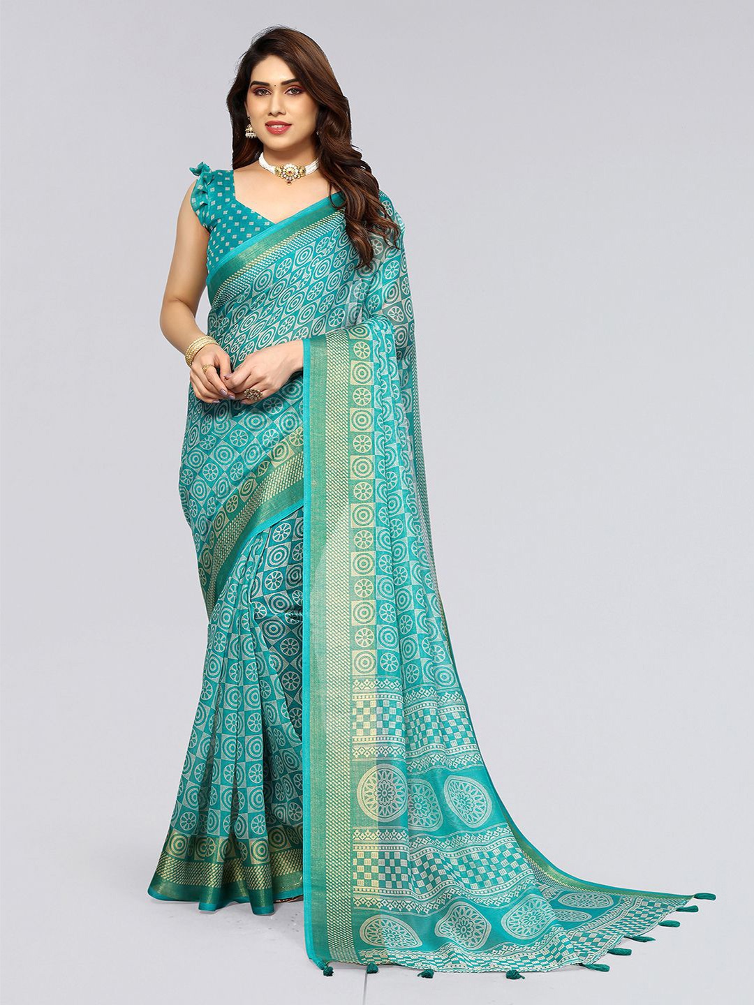 

KALINI Ethnic Motifs Printed Zari Saree, Turquoise blue