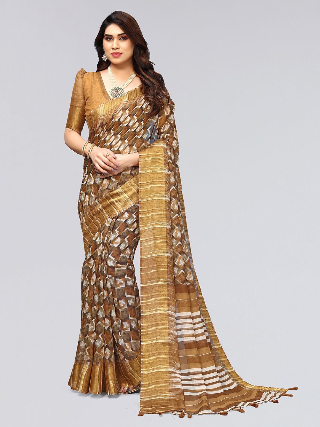 

KALINI Abstract Printed Zari Saree, Brown