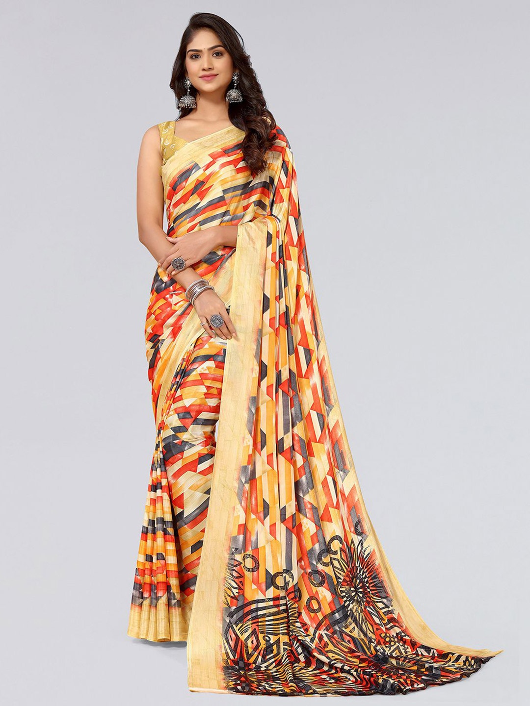

KALINI Geometric Printed Poly Chiffon Saree, Beige