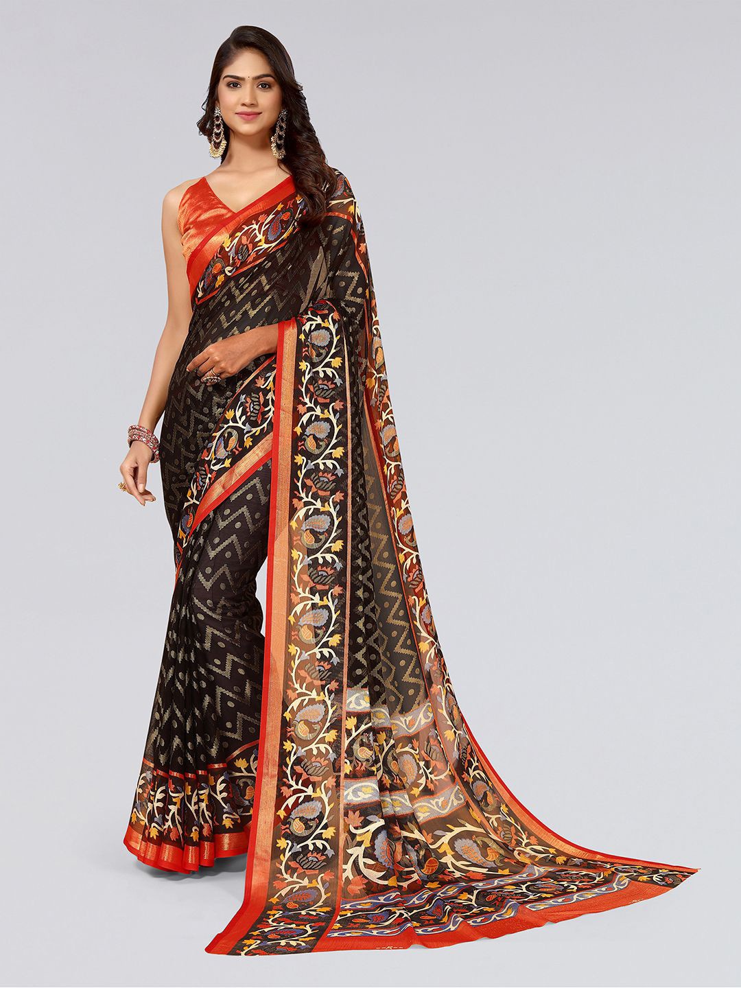 

KALINI Ethnic Motifs Printed Zari Saree, Black
