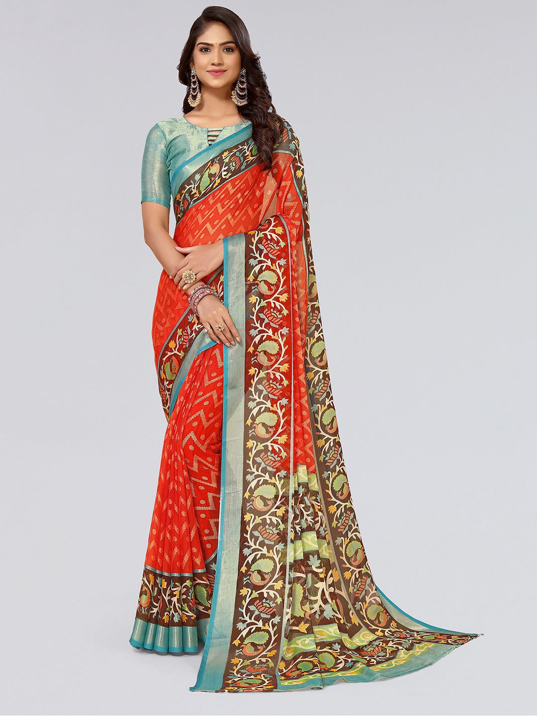 

KALINI Ethnic Motifs Printed Zari Brasso Saree, Red