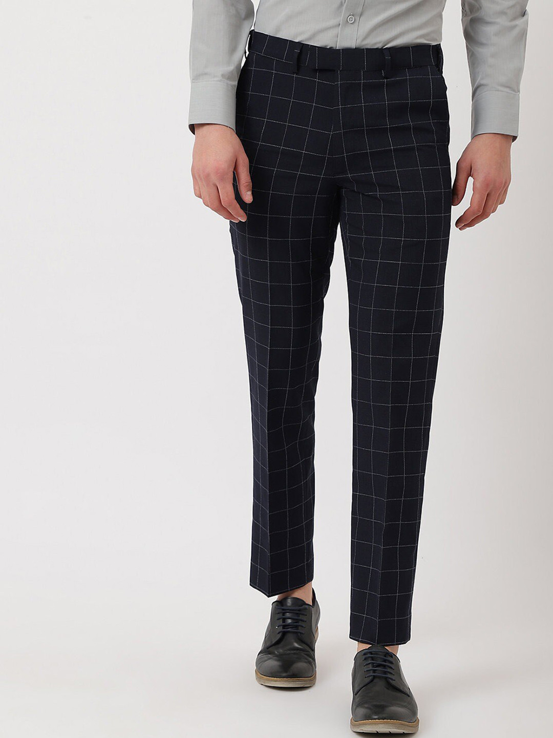 

Marks & Spencer Men Checked Mid-Rise Formal Trousers, Navy blue