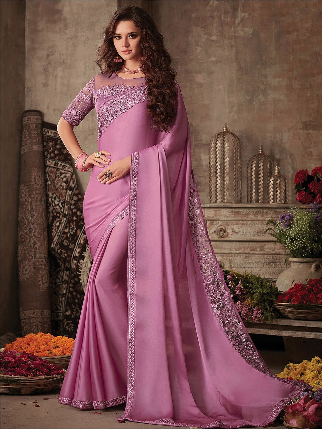 

Mitera Mauve Embroidered Satin Saree