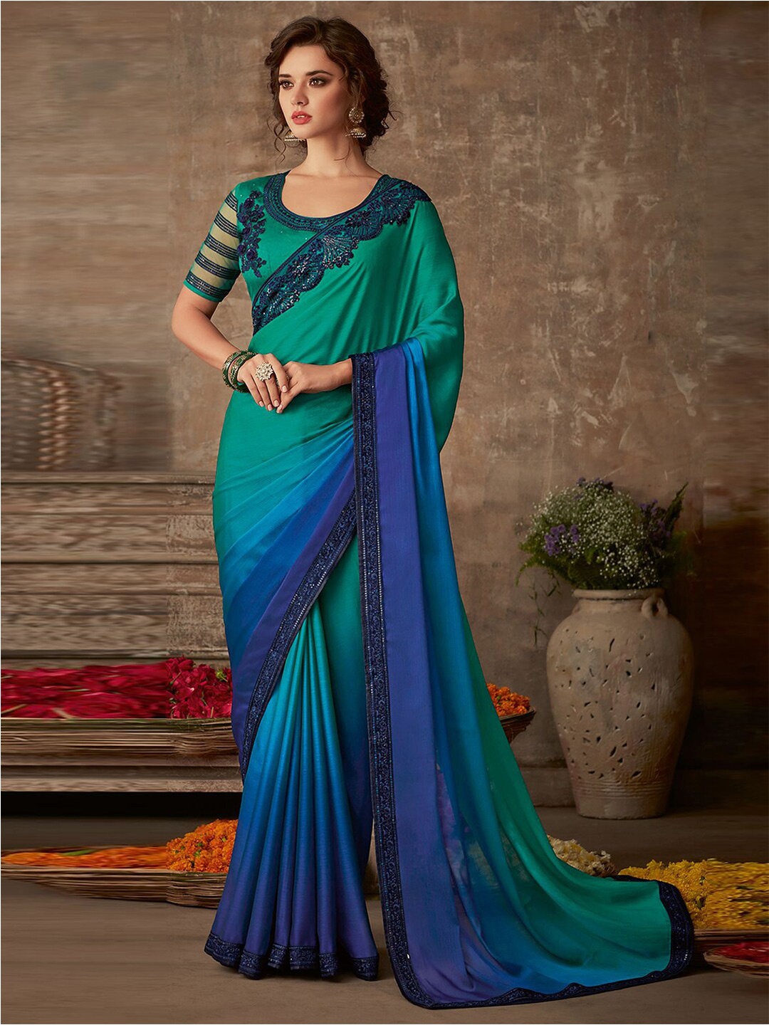 

Mitera Blue & Green Ombre Dyed Embroidered Poly Chiffon Saree