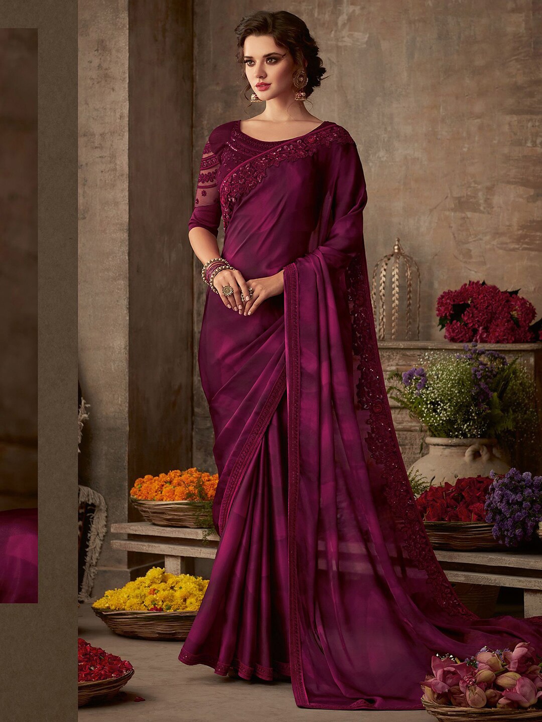 

Mitera Magenta Dyed Embroidered Poly Georgette Saree