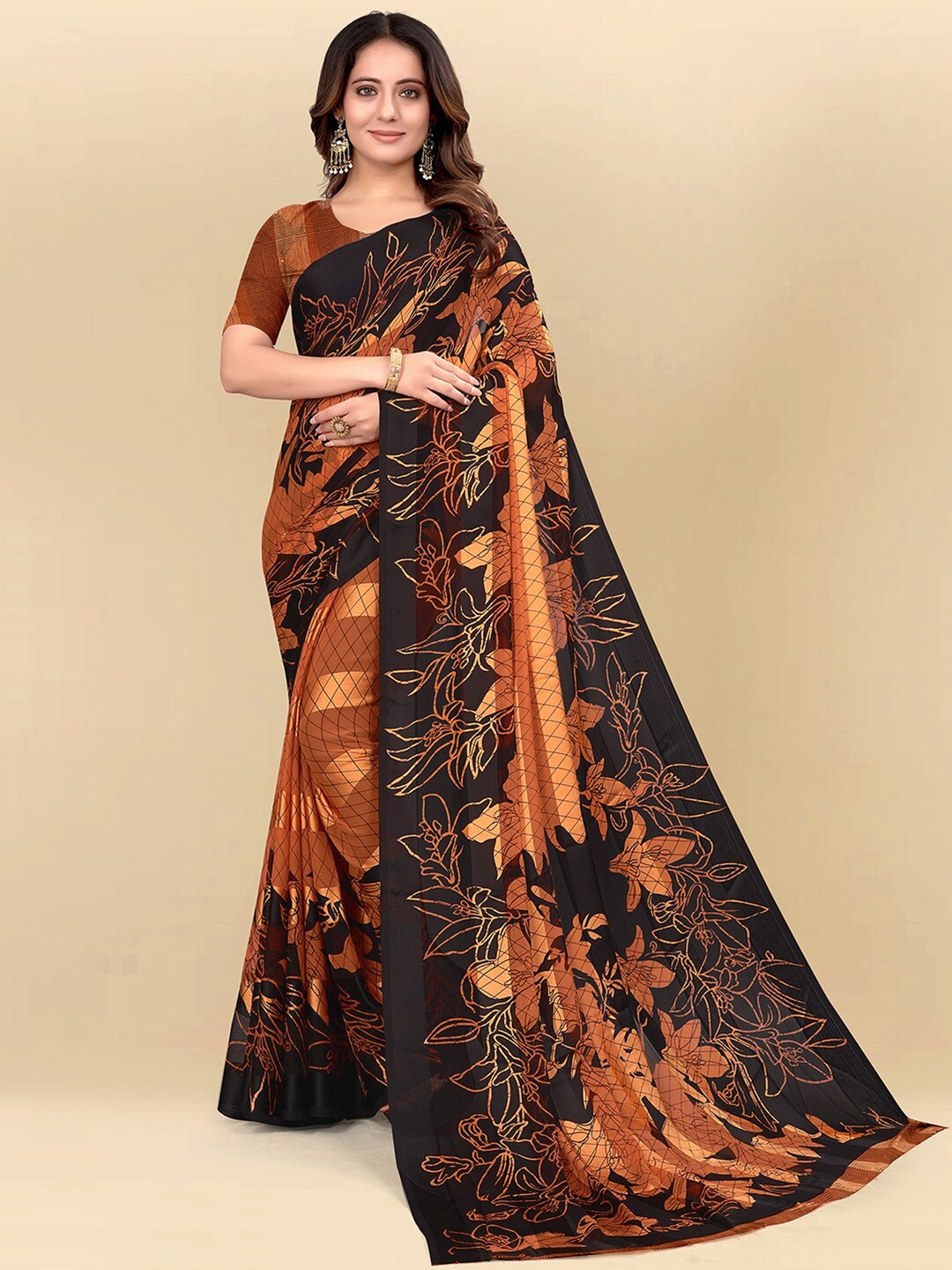 

Mitera Brown & Black Floral Printed Poly Chiffon Saree