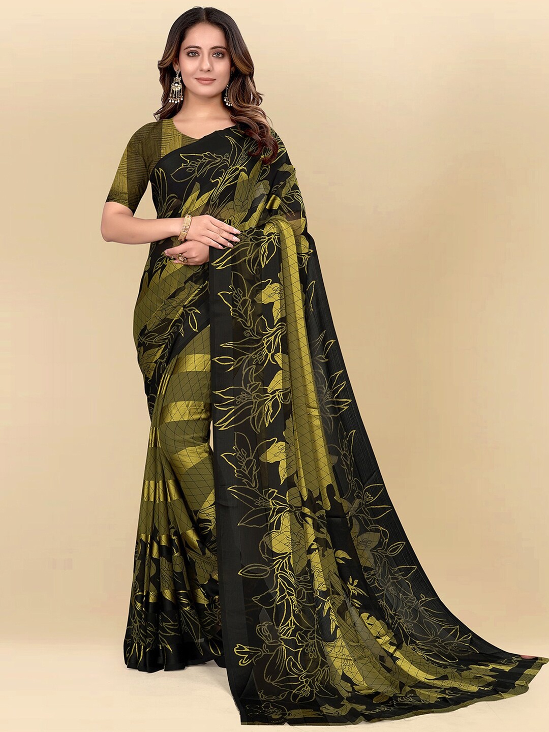 

Mitera Green & Black Floral Printed Saree