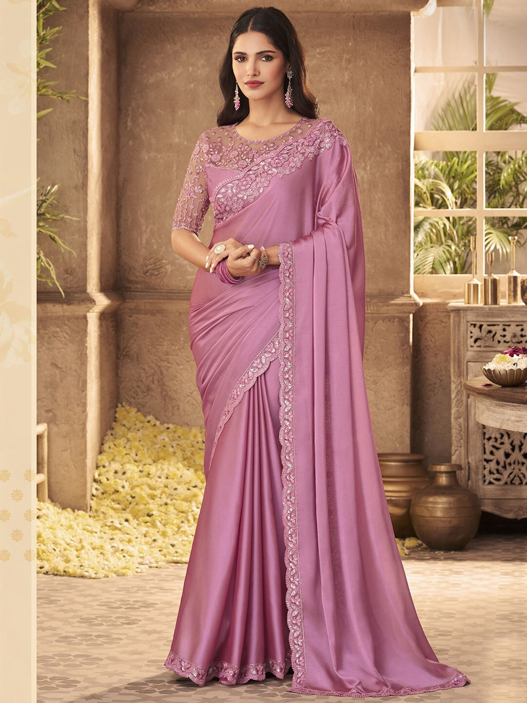 

Mitera Pink Embroidered Poly Georgette Saree