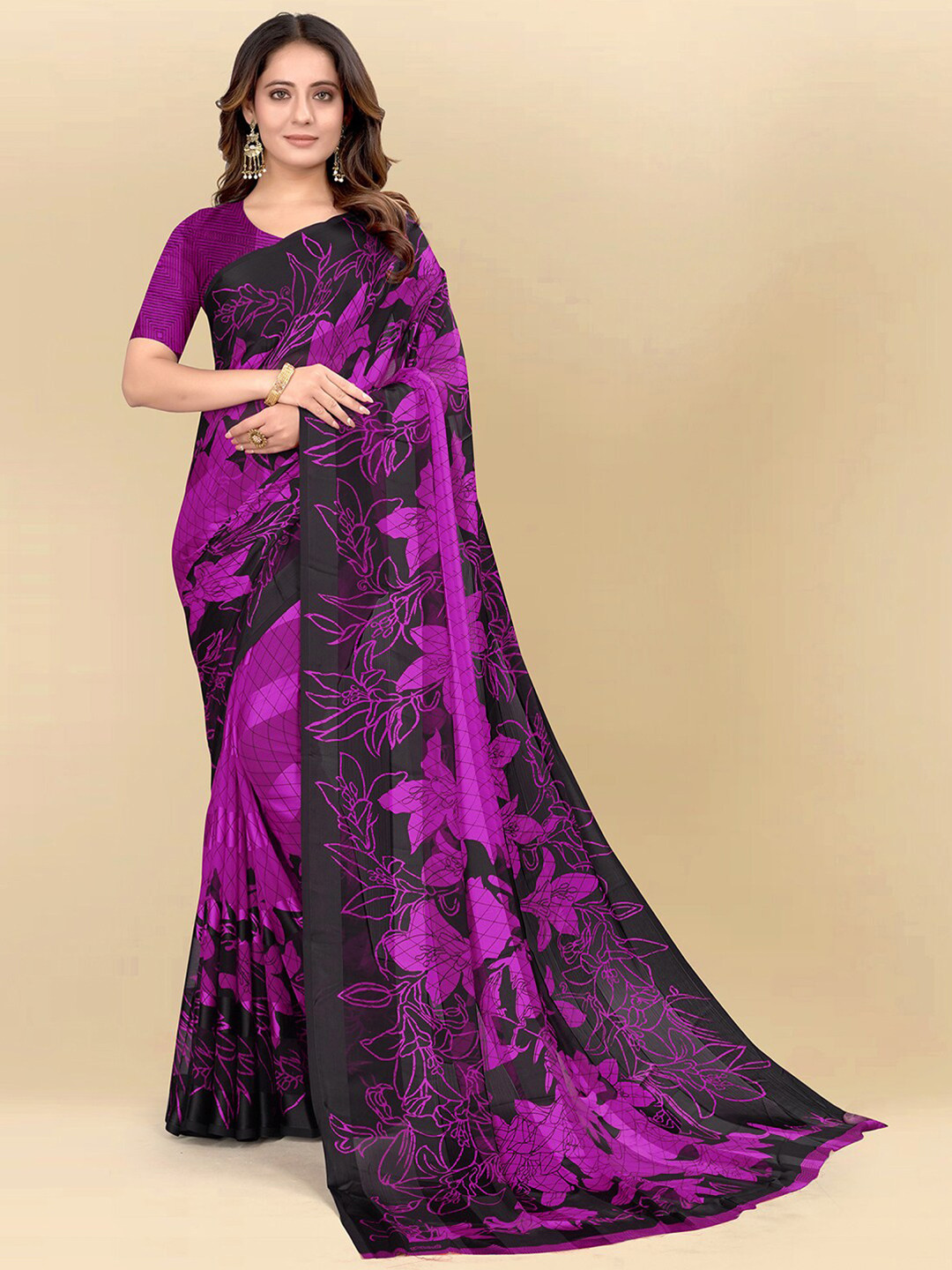 

Mitera Purple & Black Floral Printed Poly Chiffon Saree