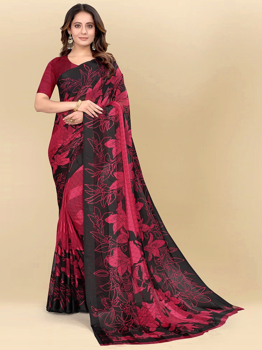 

Mitera Red & Black Floral Printed Poly Chiffon Saree