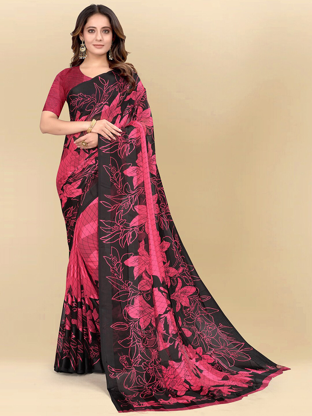 

Mitera Pink & Black Floral Printed Poly Chiffon Saree