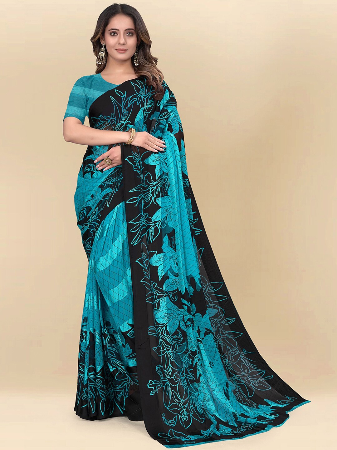 

Mitera Turquoise Blue & Black Floral Printed Saree