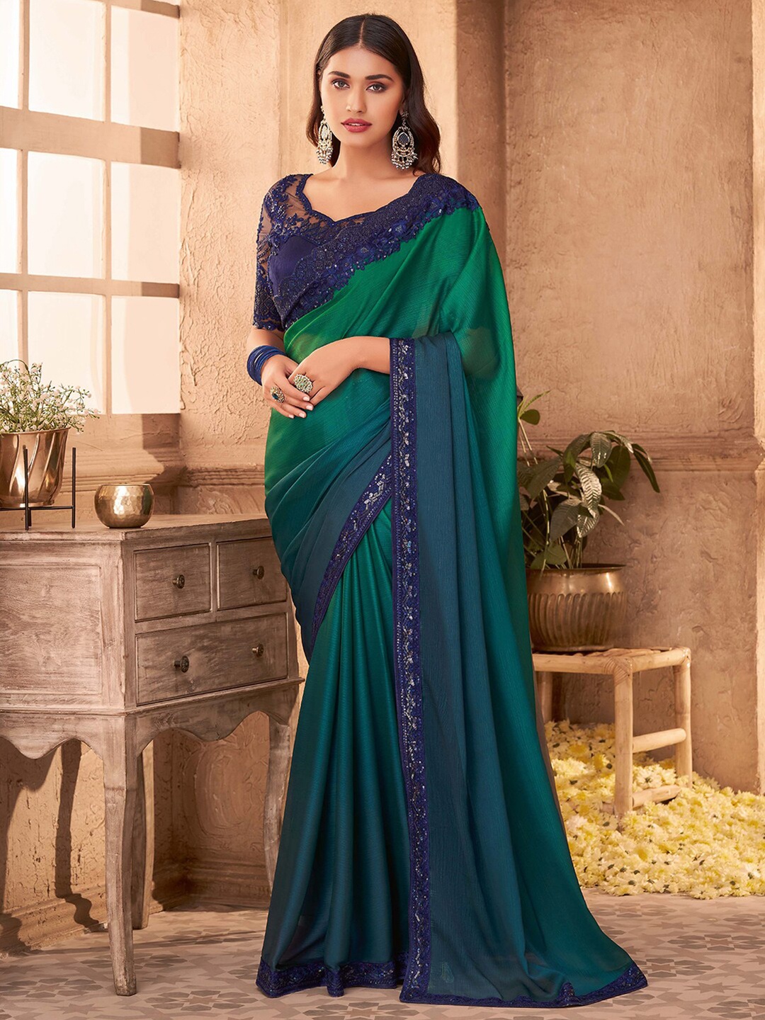 

Mitera Green & Blue Ombre Sequinned Poly Chiffon Saree